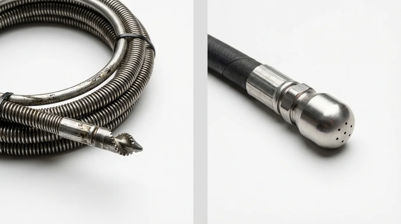 Drain snake cable and hydro jetting nozzle used for drain cleaning in Mitchellville, IA