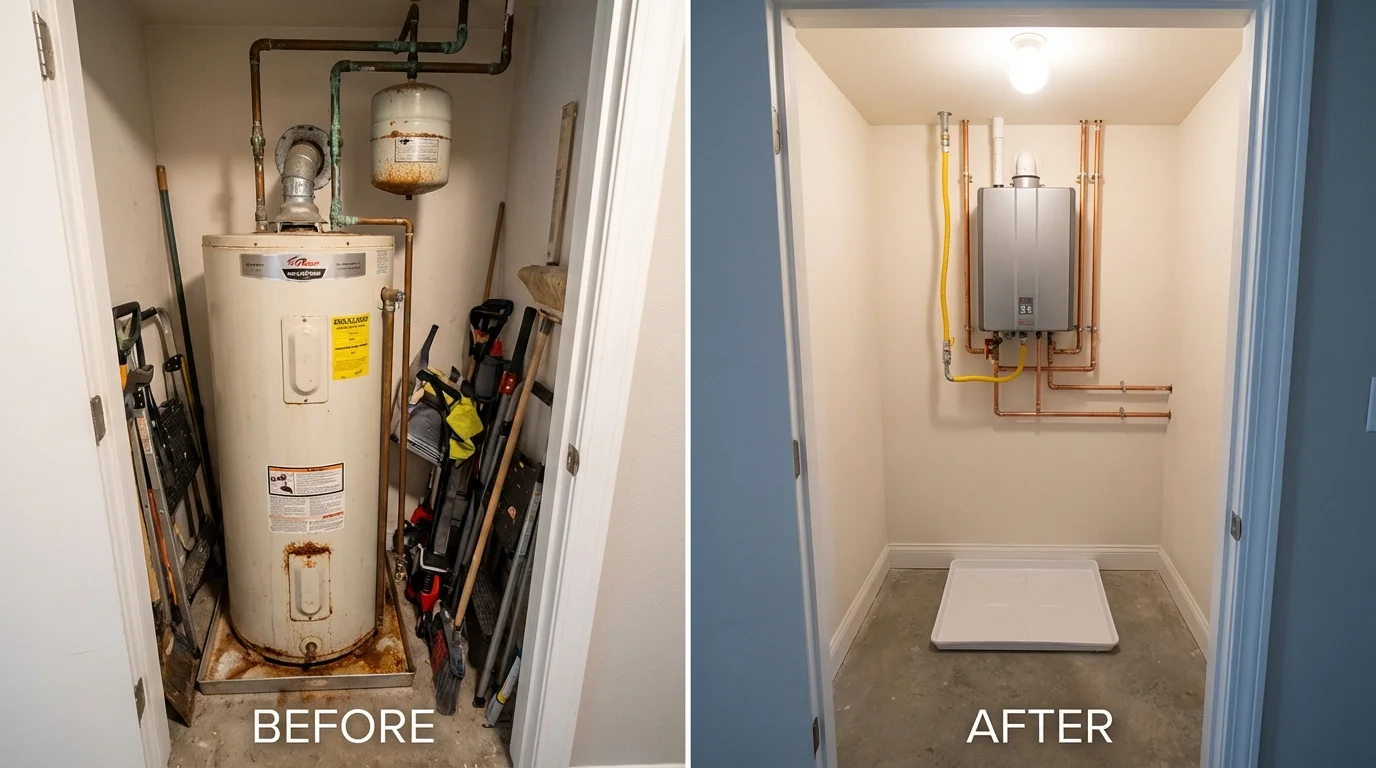 Tank water heater versus wall-mounted tankless unit comparison for Mitchellville, IA homeowners