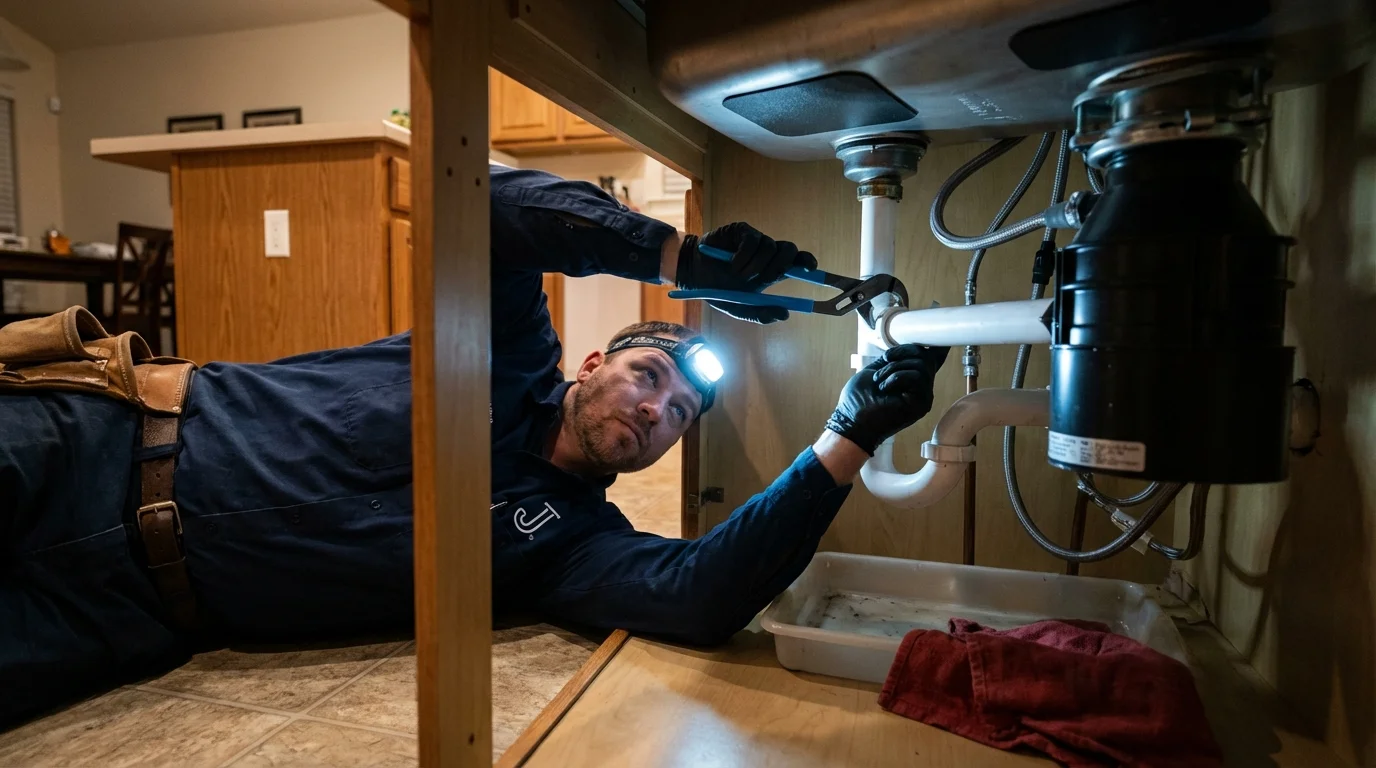 P-trap and supply line connections under a kitchen sink showing a common leak point in Mitchellville, IA